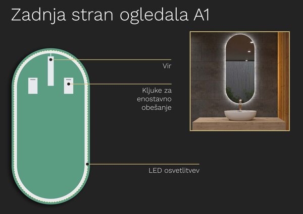 Ovalno kopalniško ogledalo z LED osvetlitvijo A1 50x100