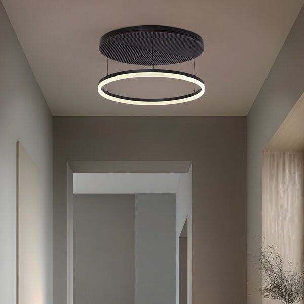 Lucande LED stropna svetilka Orven, črna/les, Ø50cm, z možnostjo zatemnitve, zatemnjen, Črna, Dnevna soba / jedilnica, Kovina, Sodobni