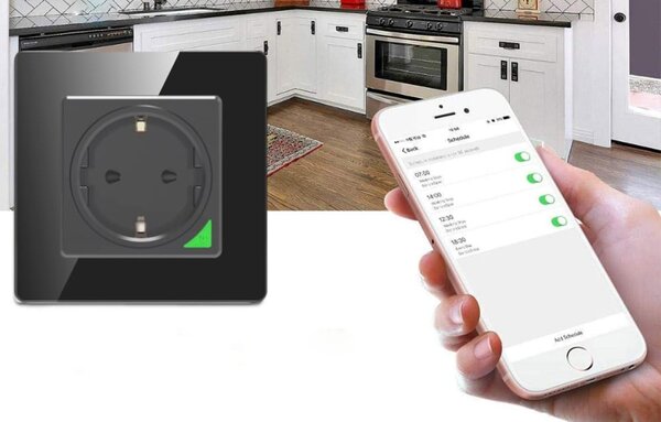 Pametna WiFi stenska vtičnica 16A TUYA črna Alexa Google Assistant