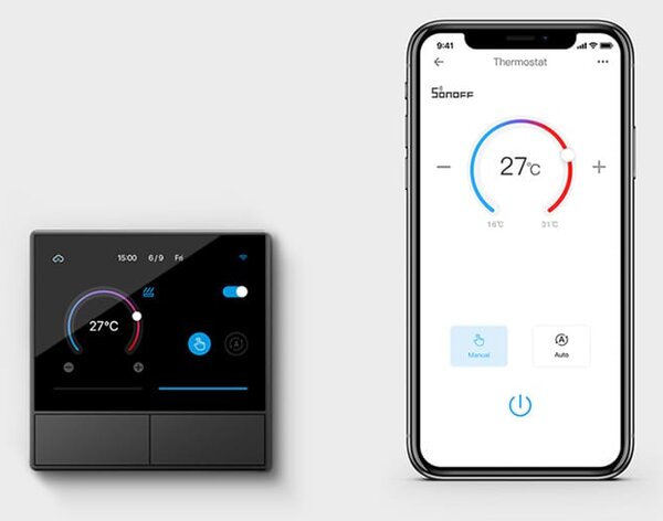 Stensko WiFi stikalo in termostat LCD touch črno eWeLink Alexa Google Assistant