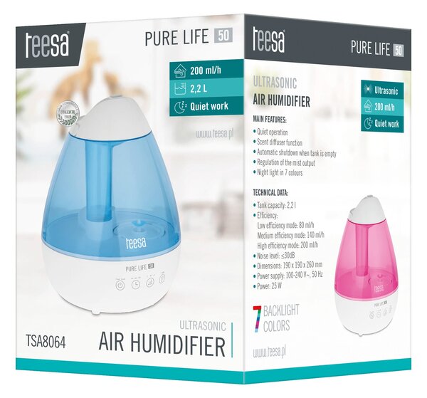 Ultrazvočni vlažilec zraka LED RGB difuzor 2200ml PURE LIFE 50