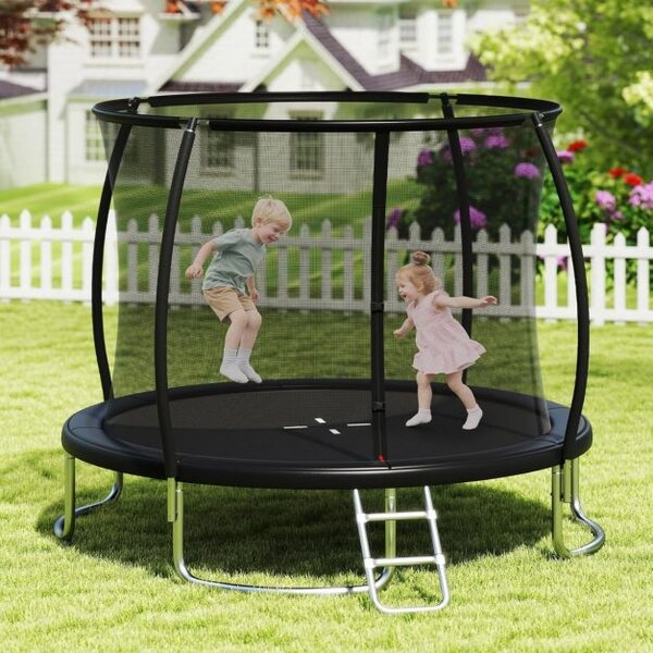 Zunanji trampolin, okrogel vrtni trampolin z varnostno mrežo in robustnim okvirjem, Ø366 cm, črn