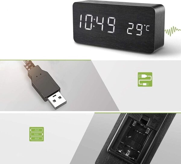 4v1 lesena moderna elektronska budilka in termometer 15cm črna