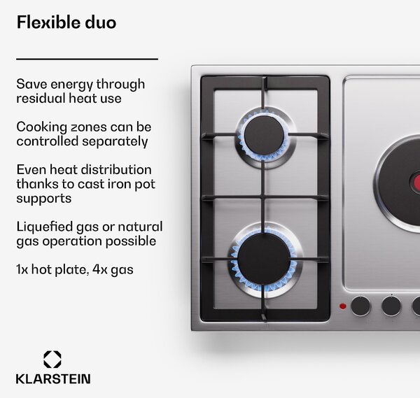 Klarstein MultiChef 5 Hot Plate, električna in plinska kuhalna plošča, 5 kuhalnih con, 4 gorilniki, 1 električna plošča