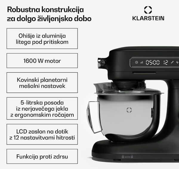 Klarstein Chiara kuhinjski robot | 1600 W | 12 nastavitev | Posoda iz nerjavečega jekla | LCD zaslon | Vključno z dodatki