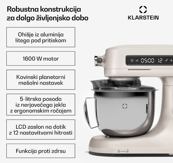 Klarstein Chiara kuhinjski robot | 1600 W | 12 nastavitev | Posoda iz nerjavečega jekla | LCD zaslon | Vključno z dodatki