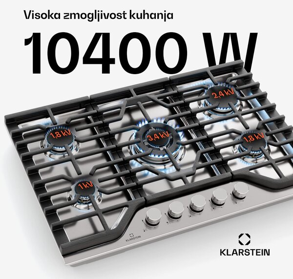 Klarstein Turbocast plinska kuhalna plošča, 304 nerjaveče jeklo, 5 gorilnikov, profesionalni nosilec iz litega železa, gorilnik za vok