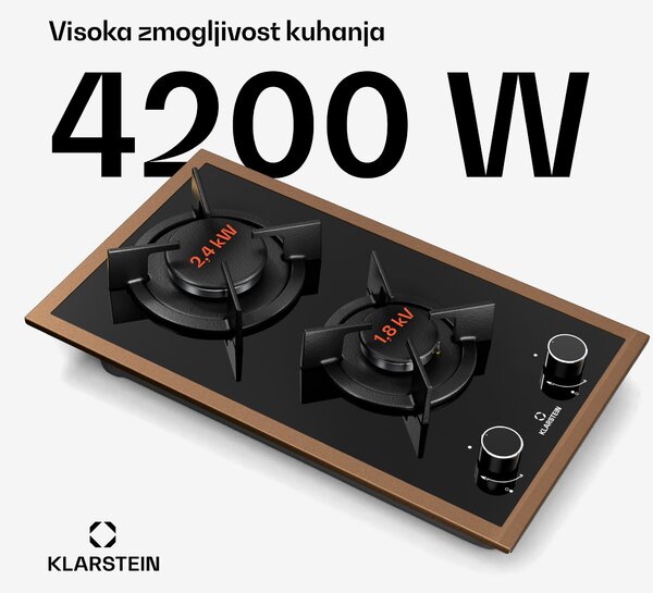 Klarstein Lumiflame plinska kuhalna plošča, 2 gorilnika, bakreni okvir, električni vžig, moč 4,2 kW