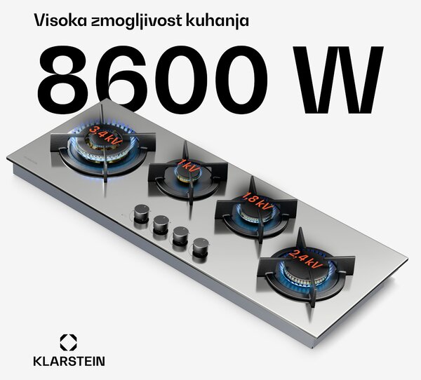Klarstein Goldflame 4 Slim plinska kuhalna plošča, 4 gorilniki, za tekoči ali zemeljski plin, električni vžig
