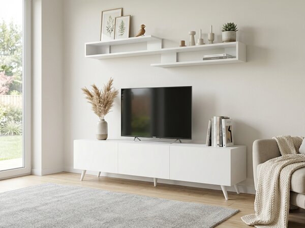 TV omarica MIYA 150 cm z zidno polico, bela
