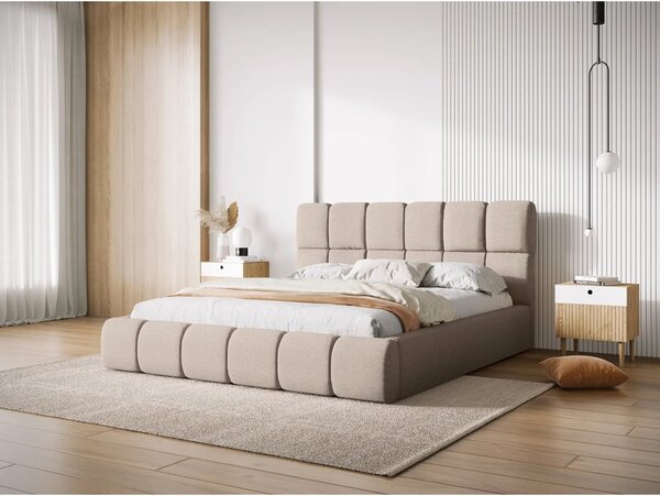 Bež oblazinjena zakonska postelja s prostorom za shranjevanje z letvenim dnom 140x200 cm Bellis – Micadoni Home