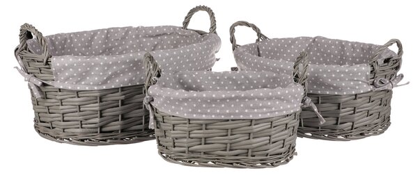 Komplet pletenih košar s tkanino Grey Dot, 3 kosi,3 velikosti, 39 x 22 x 31 cm