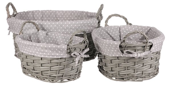 Komplet pletenih košar s tkanino Grey Dot, 3 kosi,3 velikosti, 39 x 22 x 31 cm