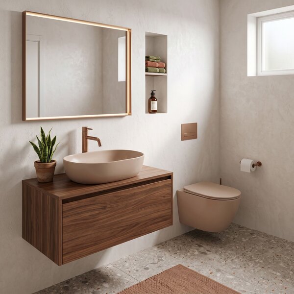 Komplet Stenska WC Školjka Focus + Nadpultni Umivalnik Rea Focus Taupe