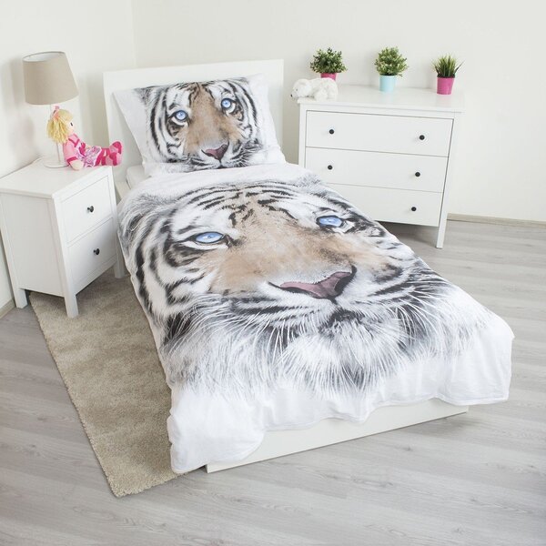 Sivo-bela enojna bombažna otroška posteljnina 140x200 cm White Tiger – Jerry Fabrics