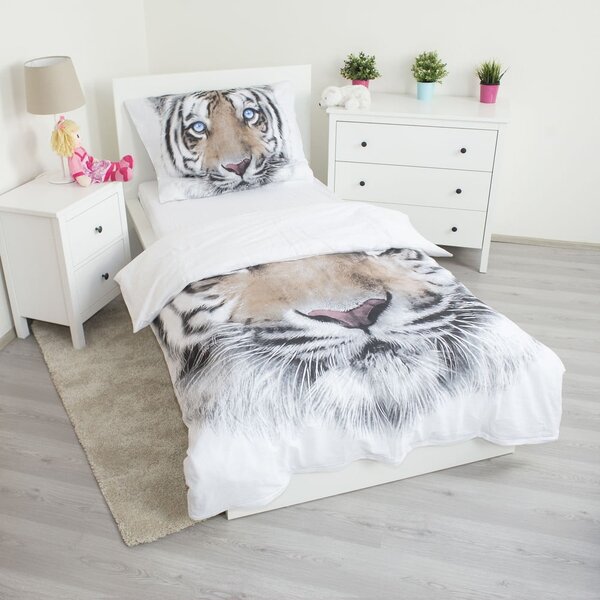 Sivo-bela enojna bombažna otroška posteljnina 140x200 cm White Tiger – Jerry Fabrics