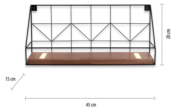 LED stenska svetlobna tabla z leseno polico, 45x15cm