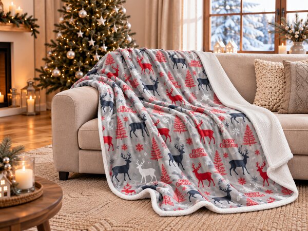 Božična deka z ovčko iz mikropliša MERRY CHRISTMAS DEER siva Dimenzije: 160 x 200 cm