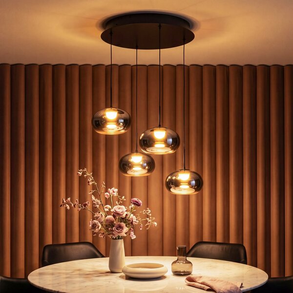 OSRAM LED-visoka svetilka Decor Satellite, siva, Ø 56 cm, 4-žarilna, CCT, zatemnjen, Siva, Dnevna soba / jedilnica, Steklo, Sodobni, Obesek z več plameni