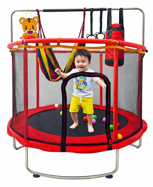 Otroški trampolin z mrežo in košem za košarko 150 cm – rdeč - Rojstni dan