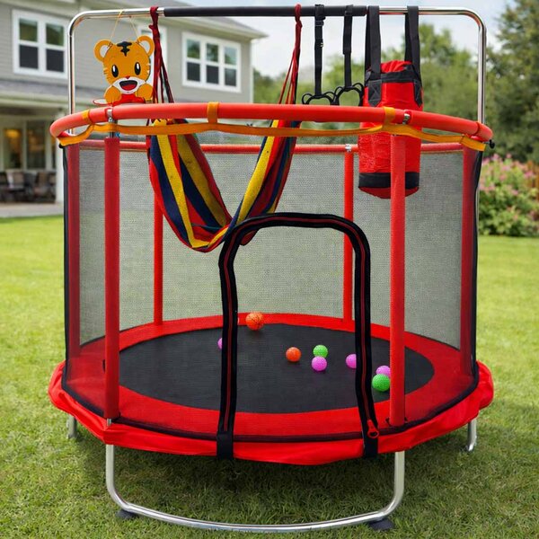 Otroški trampolin z mrežo in košem za košarko 150 cm – rdeč - Rojstni dan