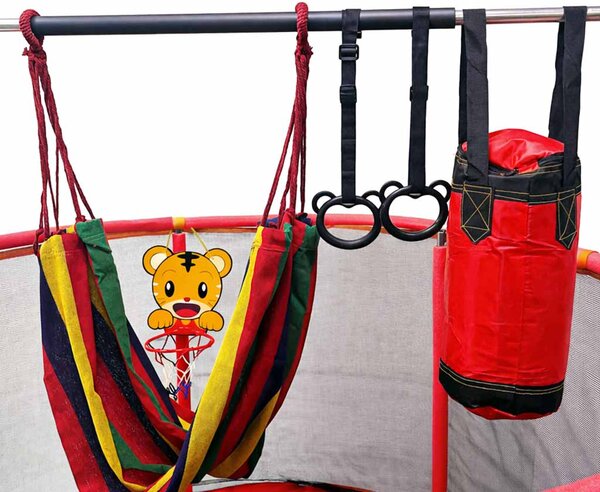 Otroški trampolin z mrežo in košem za košarko 150 cm – rdeč - Rojstni dan