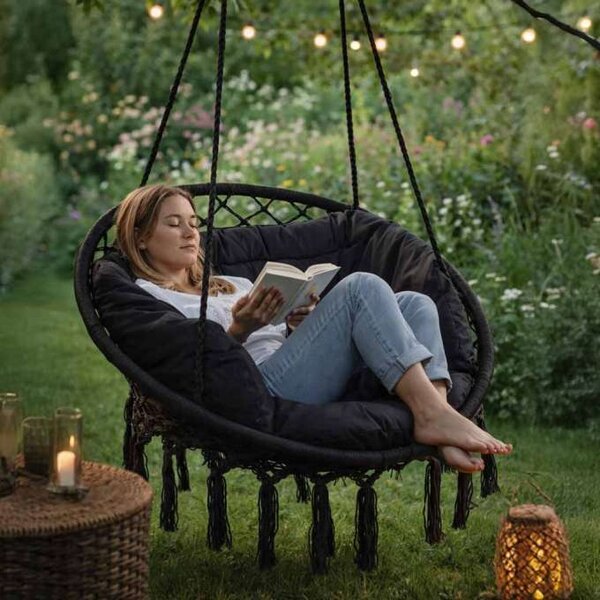 Viseči stol gugalnik štorkljino gnezdo z blazinami 80 cm (črn) - Poletni hiti