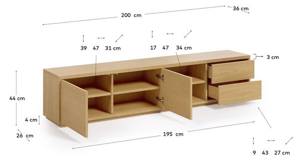 TV omarica v hrastovem dekorju v naravni barvi 200x44 cm Abilen - Kave Home