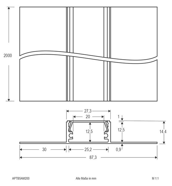 Aluminijasti profil za suho gradnjo 200 cm z opalnim pokrovom