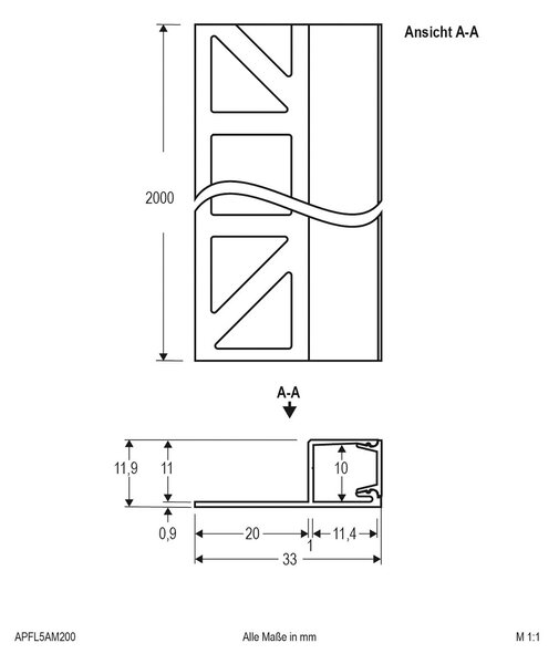 EVN APFL5 stranski profil za ploščice 200cmx3,3cm aluminij