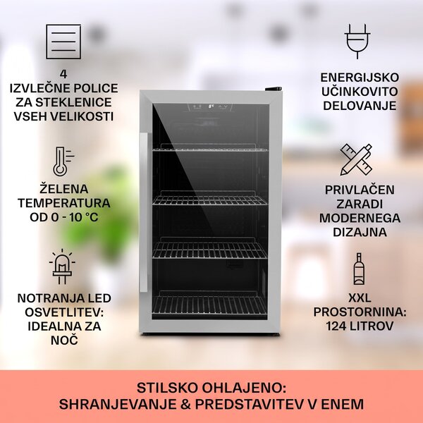 Klarstein Beersafe 4XL, hladilnik, za pijačo, 124 l, 0-10 °C, steklo, G, nerjaveče jeklo