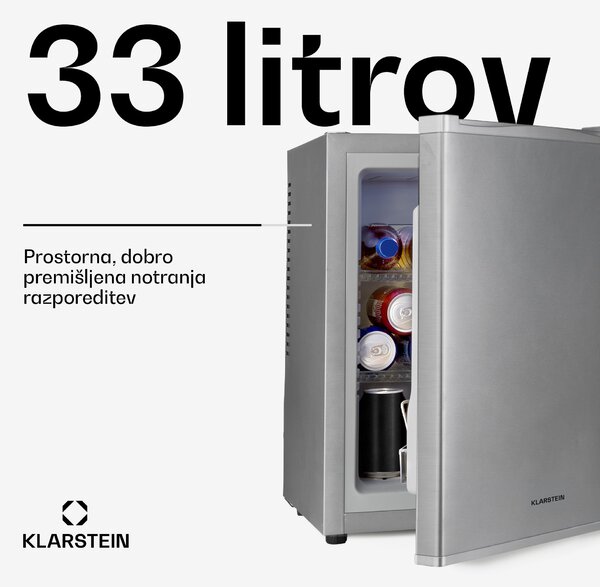 Klarstein Happy Hour 33, minibar, 33 l, 5-15 °C, energijski razred G, tiho delovanje, 25 dB, LED osvetlitev, srebrna
