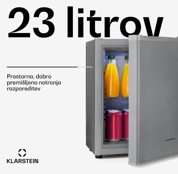Klarstein Happy Hour 23, minibar, 23 l, 5-15 °C, energijski razred G, tiho delovanje, 23 dB, LED-osvetlitev, srebrna