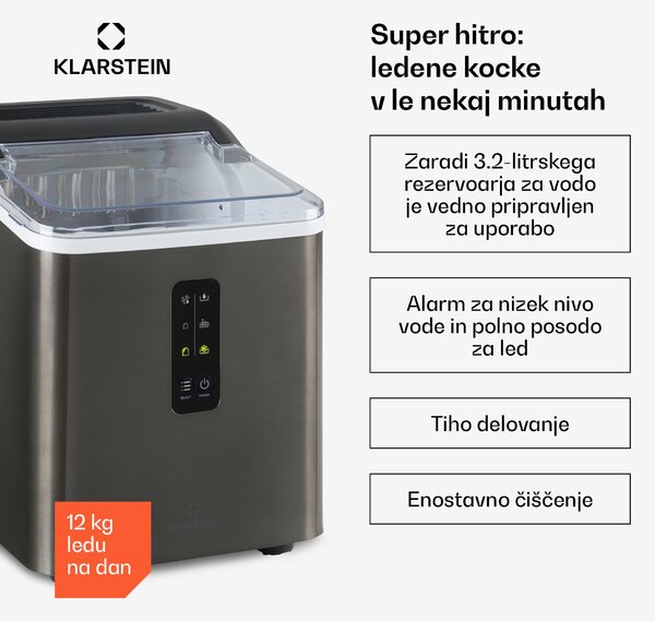 Klarstein Albaron Supreme, aparat za ledene kocke, v obliki naboja, 12 kg / 24 h 1,5 litra Ohišje iz nerjavečega jekla