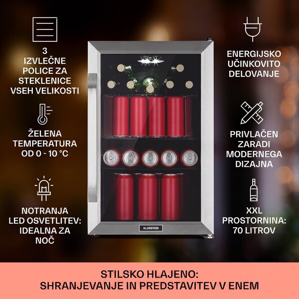 Klarstein Beersafe 70, Bier-Print Edition, hladilnik, 70 litrov, 3 police, panoramska steklena vrata, nerjaveče jeklo