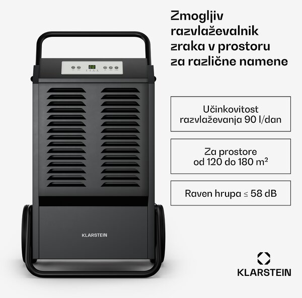 Klarstein DuraDry 90L razvlaževalec, 90 l/dan, 120-180 m², nerjaveče jeklo, mobilni, 450 m³/h