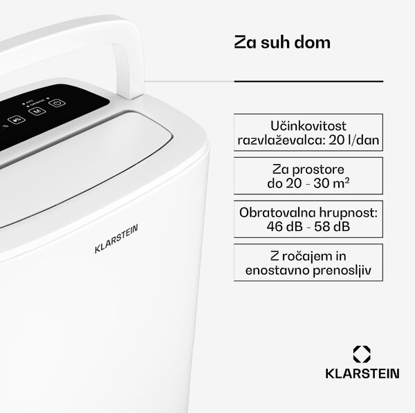 Klarstein DryFy 20L razvlaževalnik zraka, 20 l/dan, 50m², 230 m³/h, časovnik, rezervoar za vodo, mobilni