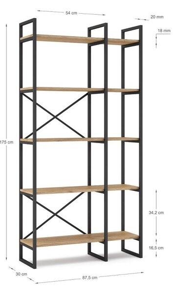 Črn/naravni regal v hrastovem dekorju 87,5x175 cm Dusan – Marckeric