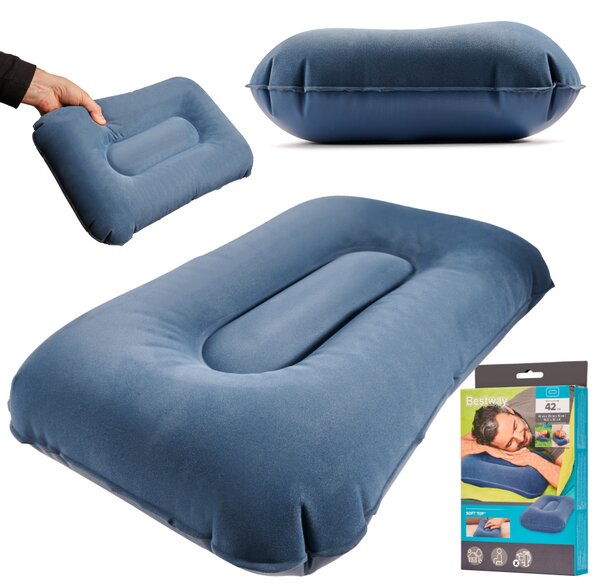 Napihljiv potovalni vzglavnik velur mornarsko moder 42 cm - Poletni hiti