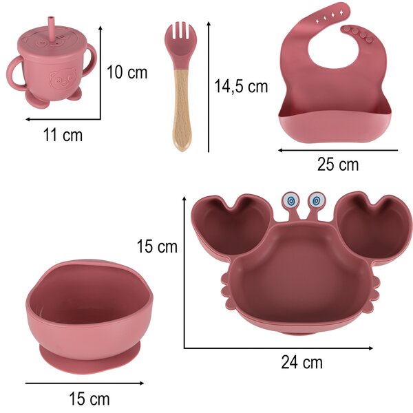 Otroška silikonska posoda rak komplet 9 kosov temno roza - Baby shower