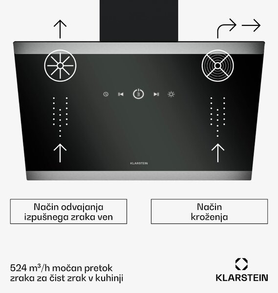 Klarstein FlashLine kuhinjska napa, A++, 524 m³/h, 3 stopnje, dotik, tiho, LED, ekstrakcija/recirkulacija, 100 W