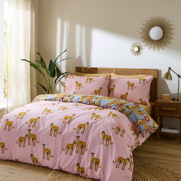 Rožnata/siva bombažna posteljnina za zakonsko posteljo 200x200 cm Untamed Cheetah – Their Nibs