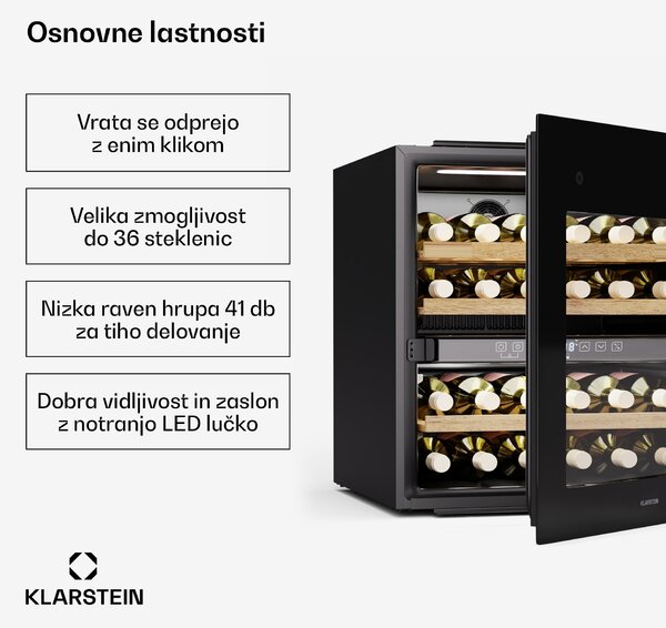 Klarstein Rhone 36 Duo hladilnik za vino, 36 steklenic, LED nadzor, potisni za odpiranje, tih