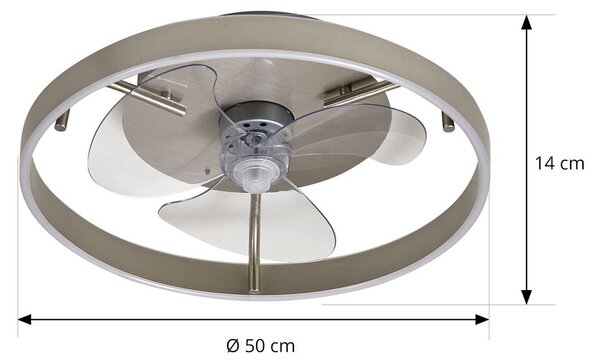 Stropni ventilator Lindby LED Momitu, srebrn, tih, Ø 14 cm