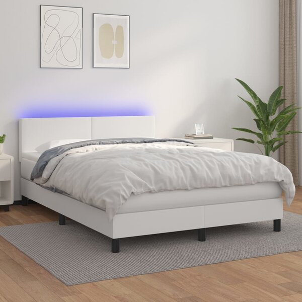 VidaXL Box spring postelja z vzmetnico LED bela 140x190cm umetno usnje