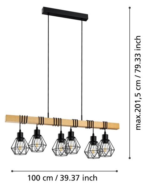 Obesek Townshend, dolžina 100 cm, črna/oak, 6 luči