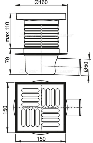 Talni sifon Alcaplast (150 x 150 mm, Ø 50 mm, siva)