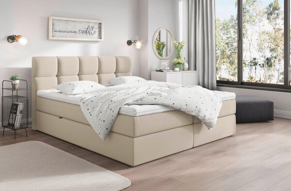 POSTELJA Z VZMETNICO 200 cm x 220 cm , les, tekstil, leseni material krem barve
