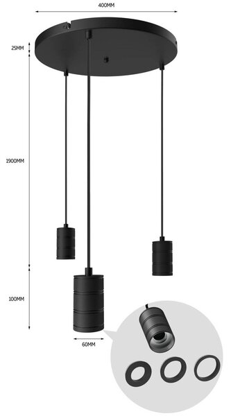 Calex retro viseča svetilka, okrogla, 3-svetlobna, črna
