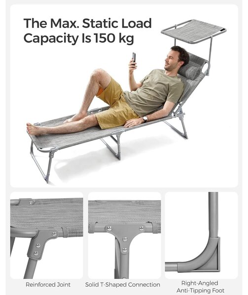 Zložljiv ležalnik s tendo 53 x 193 x 29,5 cm, obremenitev do 150 kg | SONGMICS